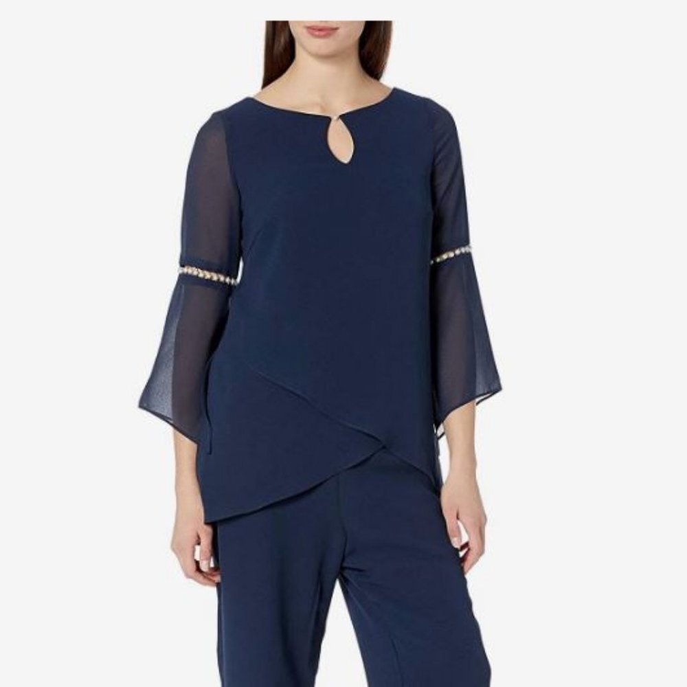 NWT!  Le Bos draped chiffon top bell sleeves - Picture 2 of 16